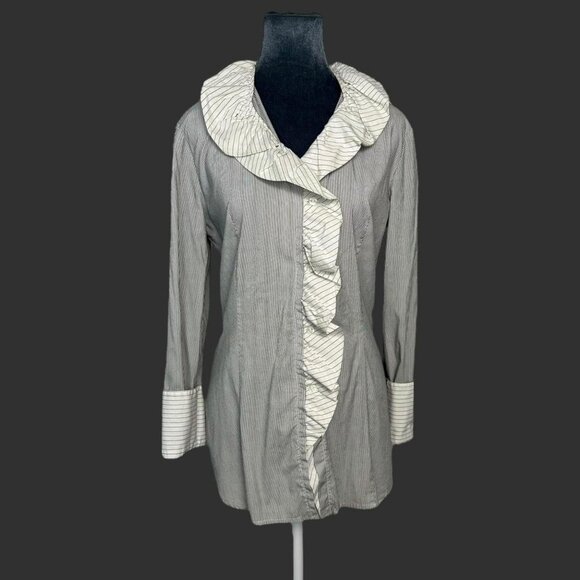 frilly pinstripe ruffle button up office wear shirt - Picture 1 of 8